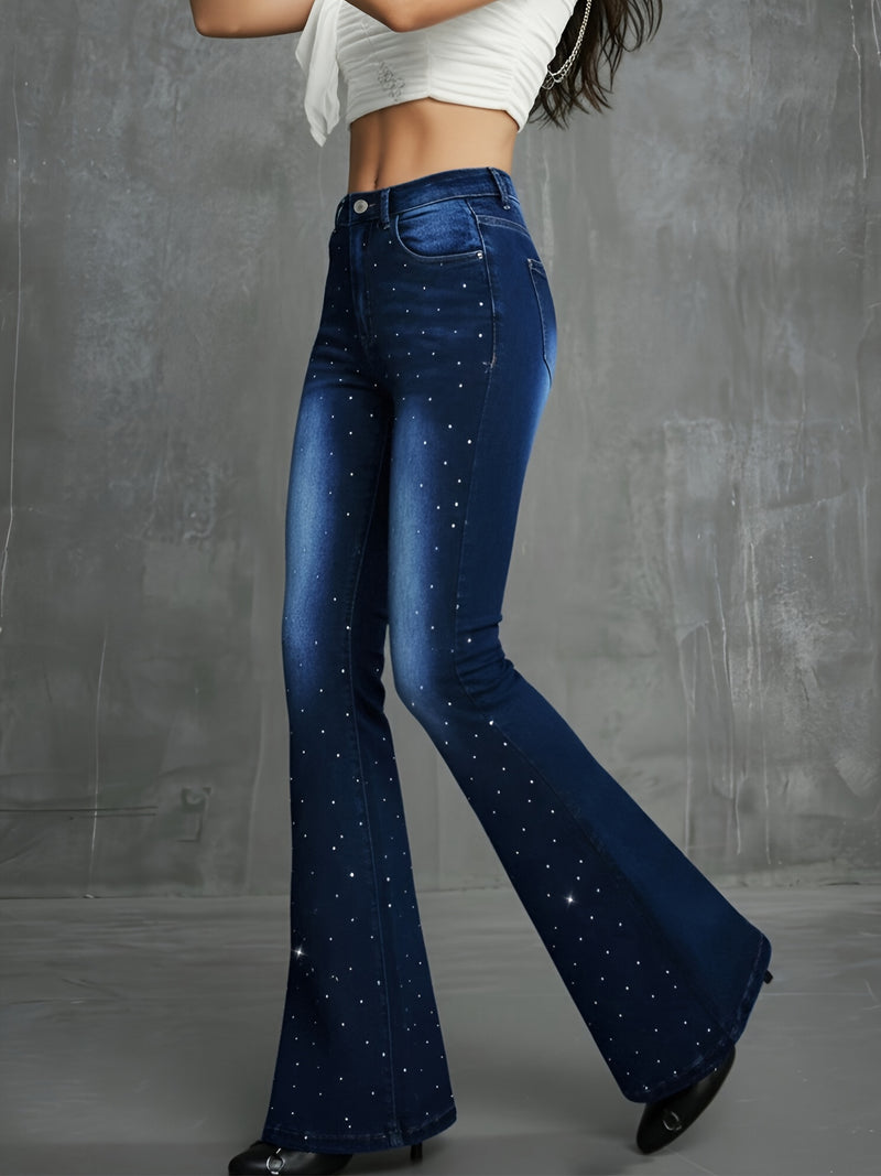 Women's Fashion Carnival Denim Rhinestone Low-Rise Flare Jeans.