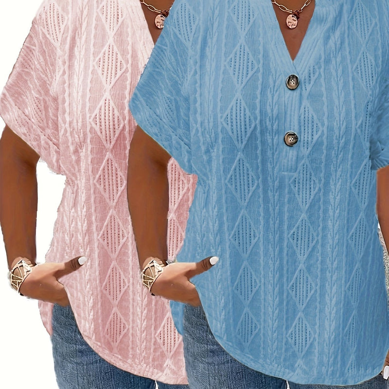 Women's Short-Sleeve V-Neck Solid Color Jacquard Hollow-Out Two-Piece T-Shirt.