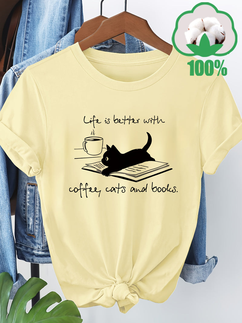 Women’s T-Shirt with a Coffee, Cat, And Book Pattern.