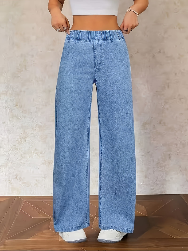 Women's Washed Casual High-Waisted Elastic Waistband Blue Jeans.