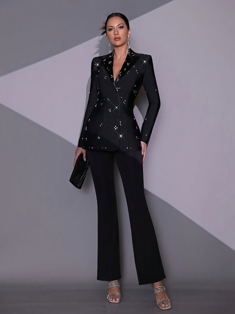 Black Sexy Heavy-Duty Shiny Diamond Long-Sleeve Blazer and Pants for Women.