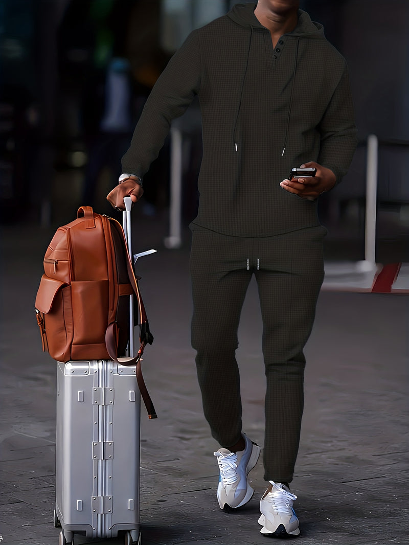 A Two-Piece Casual Outfit for Men Hooded Long-Sleeve T-Shirt.