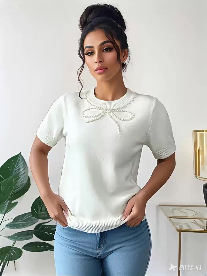 Women's Plus Size Elegant Beaded Bow & Short Sleeve Blouse.