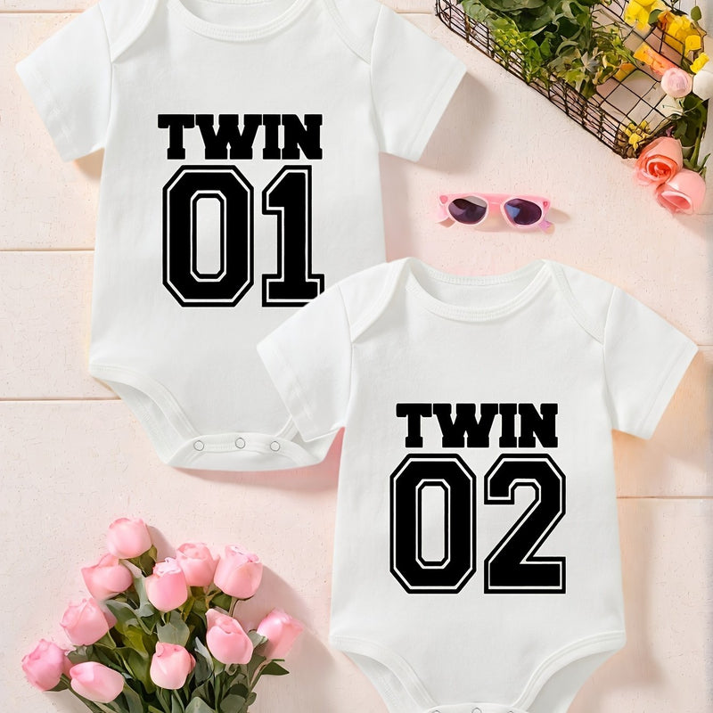 2pcs Baby Outfit, Twin Baby Outfit 01, 02 Number Print.