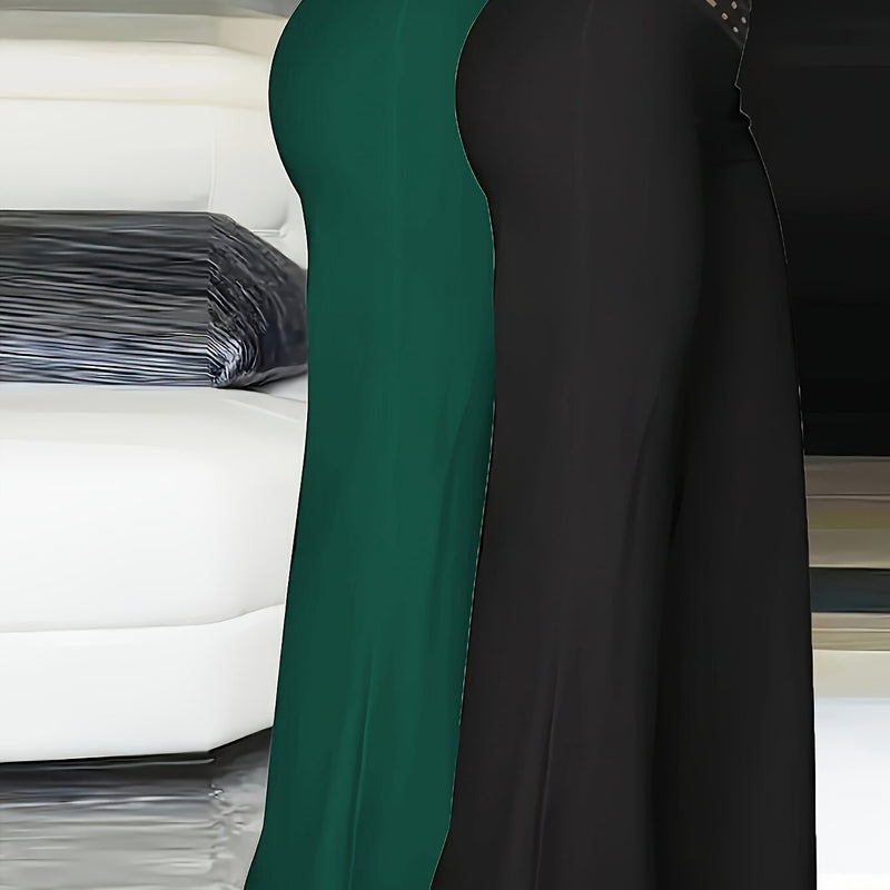2pcs Women’s Fashion Solid Color Cross Transparent Mesh Patch High-Waisted Pants.