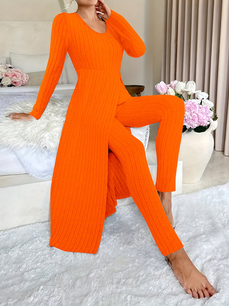 2pcs Women's Designer Round Neck Split Long Sleeve Top and Pants.