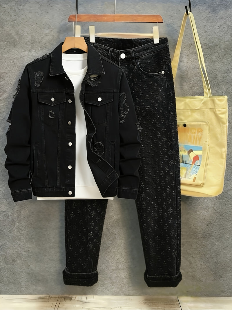 Men's Black Vintage-Washed Denim Two-Piece Set.