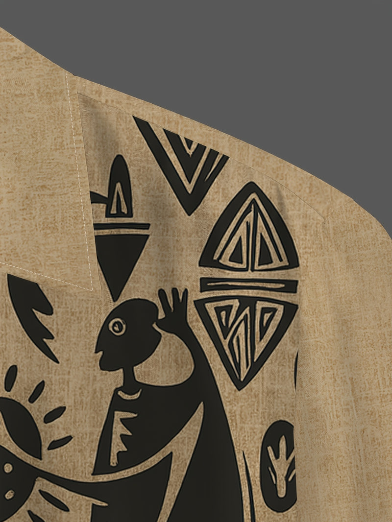 Men's Big & Tall Light Khaki Short-Sleeve Shirt with Black Ethnic Tribal Print.