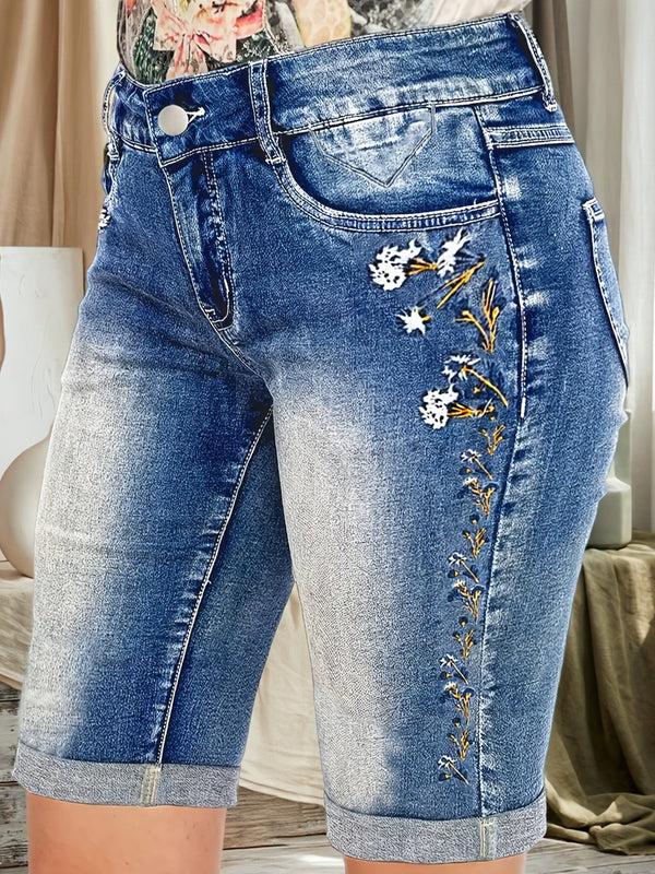 Women's Mid-Rise Denim Shorts Featuring Floral Embroidery.