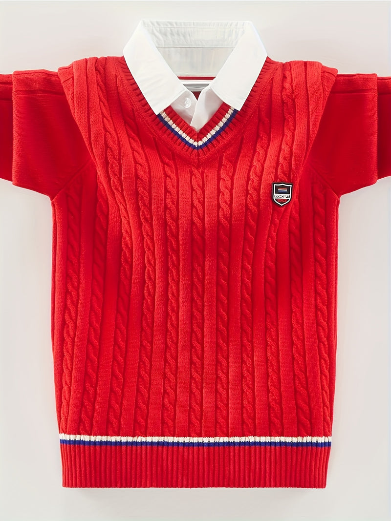 Boys' Red & Striped V-Neck Sweater.