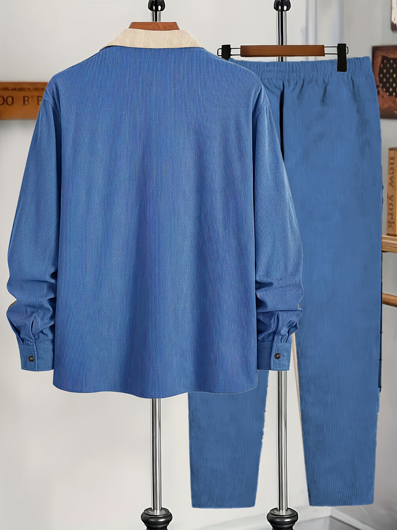 Men's Corduroy Outfit Set, Contrast Lapel Shirt Jacket + Simple Restraint Pants.