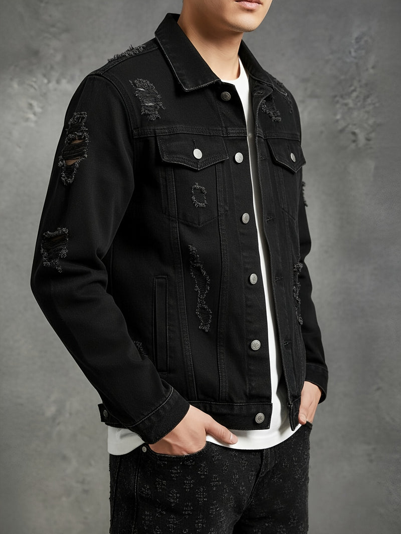 Men's Black Vintage-Washed Denim Two-Piece Set.