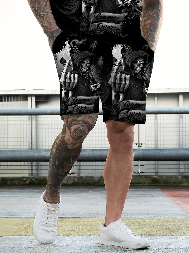 Men's Color Block Logo Skull Print 3D Pattern Summer Casual Sportswear Set.