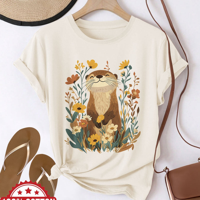 Women's Cute Otter & Floral Print T-Shirt.