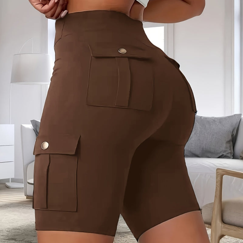 High-Waist Women's Solid Color Athletic Yoga Cargo Shorts for Exercise & Fitness.
