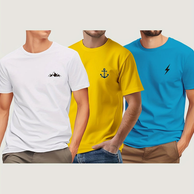 3pcs Men'S Short Sleeve Print T-Shirt.