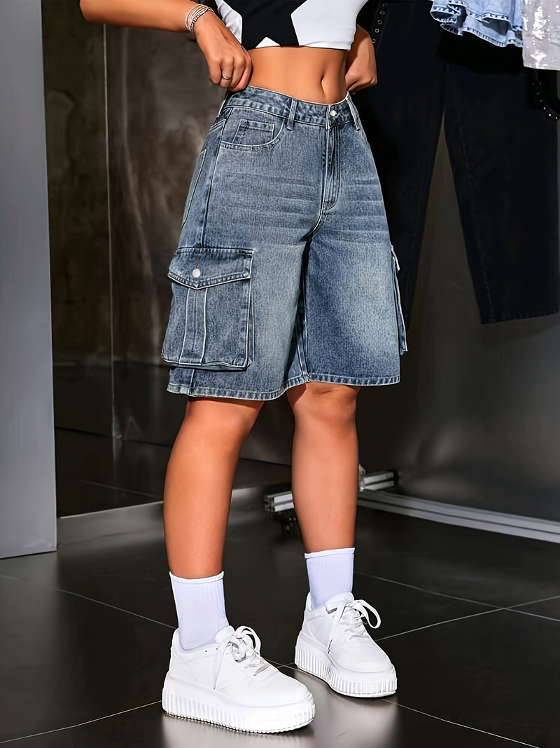 Women's Summer Blue Stretchy Multi-Pocket Casual Bermuda Denim Shorts.