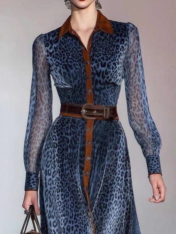 Women’s Mesh Digital Print Shirt Collar Cardigan with Belt Long Dress.