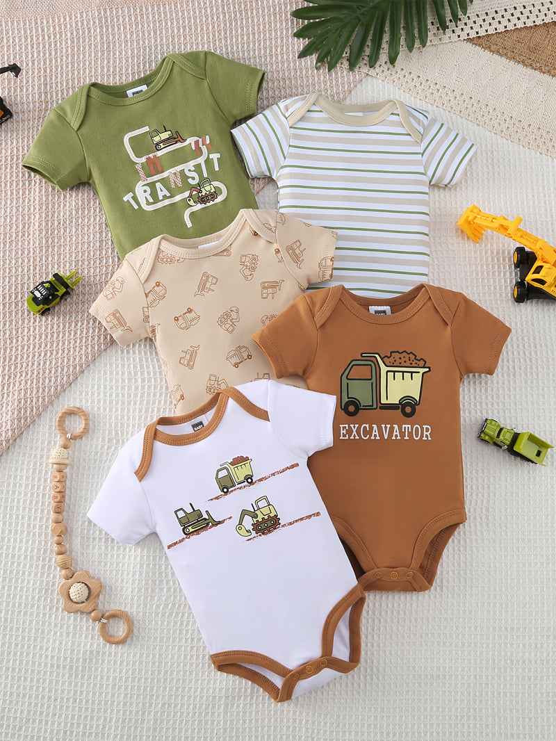 5pcs Boys Romper Set, Featuring a Stylish Cartoon Car Pattern.
