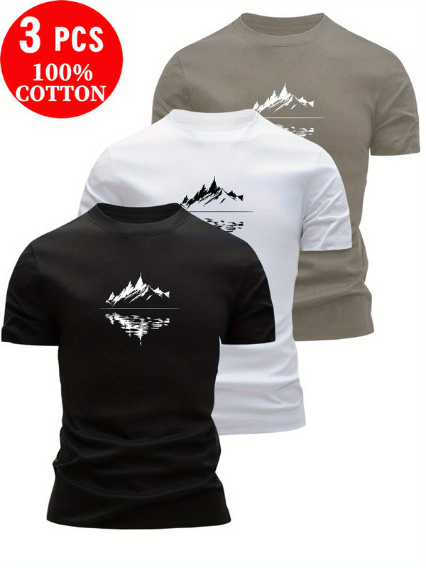 3pcs 100% Cotton T-Shirts with Landscape Pattern.