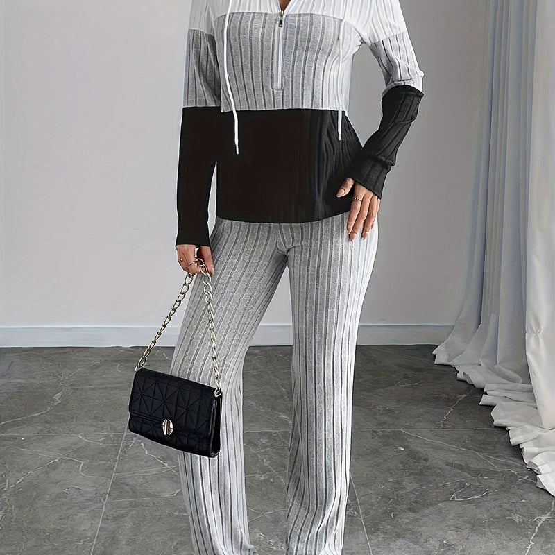 2pcs Women's Ribbed Hooded Sweatshirt and Pants Set.