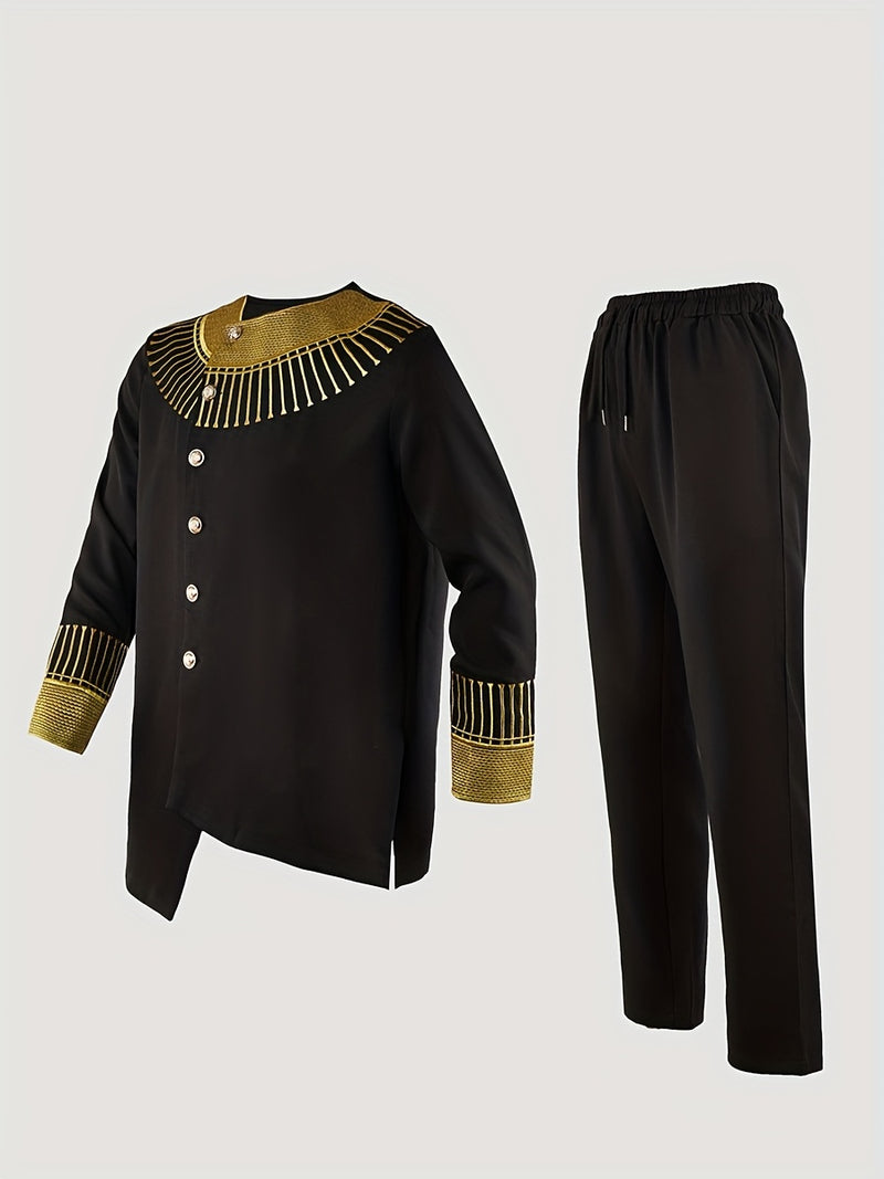 Men's Elegant 2pcs Shirt Set, Embroidered, Round Neck.