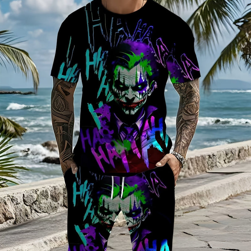 Digital printed clown summer pattern print Men's casual two-piece set.