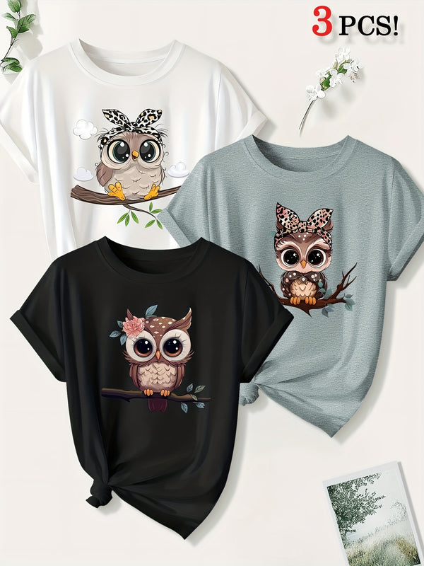 3pcs Women's Animal Print Short Sleeve T-Shirts.