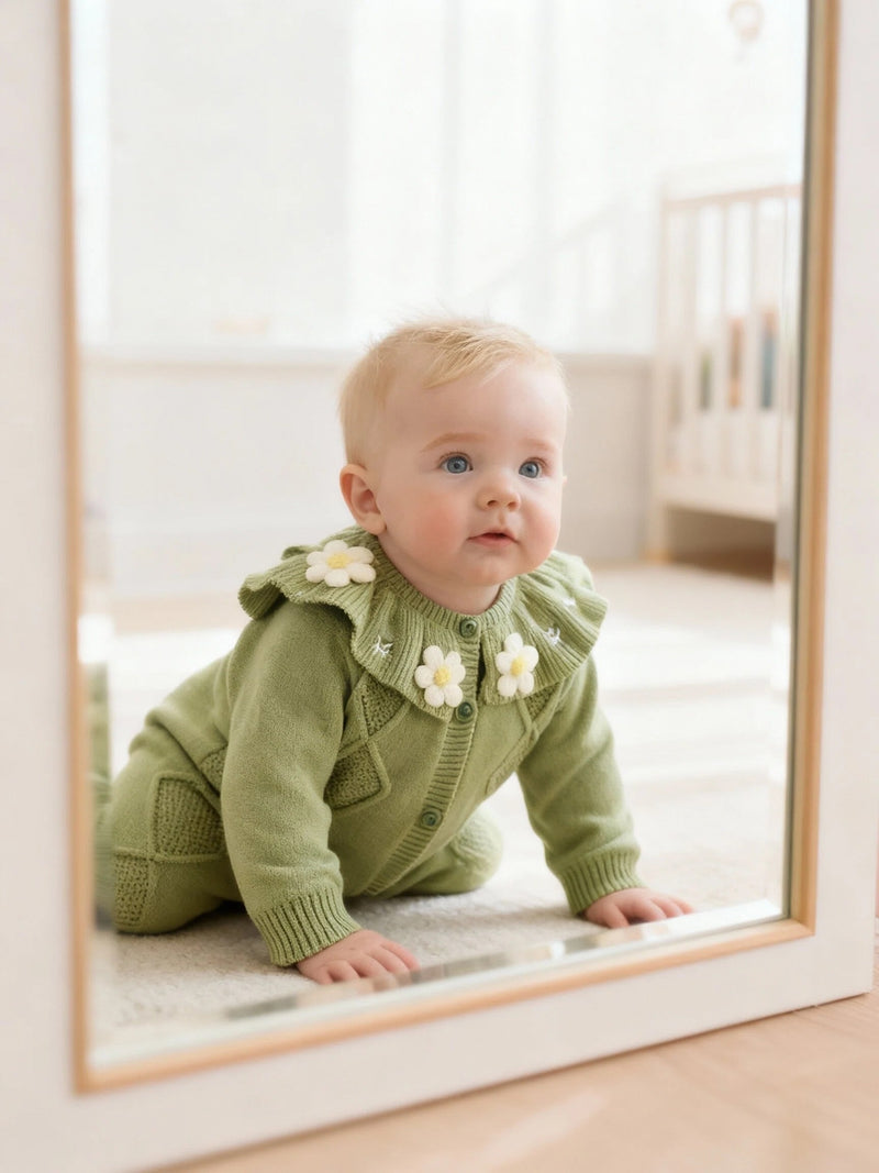 Infant Baby Girl Ruffle Collar White Floral Embroidery Cardigan.