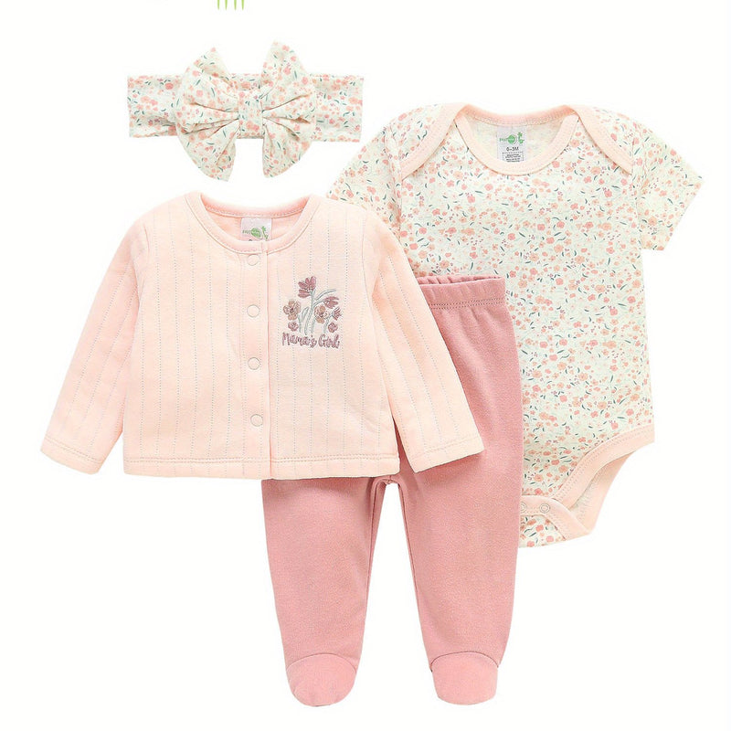 Four-Piece Infant Romper, Long-Sleeve Top, and Footed Pants Set.
