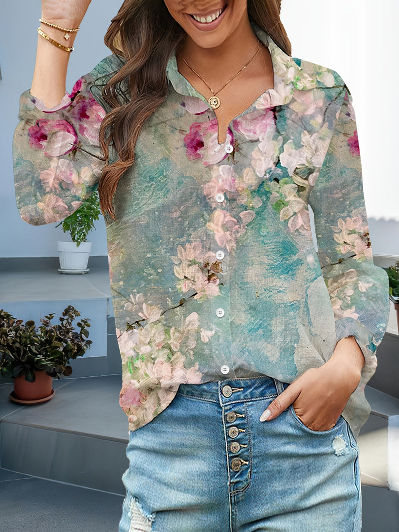 Elegant Women's Floral Print Button-Up Shirt.