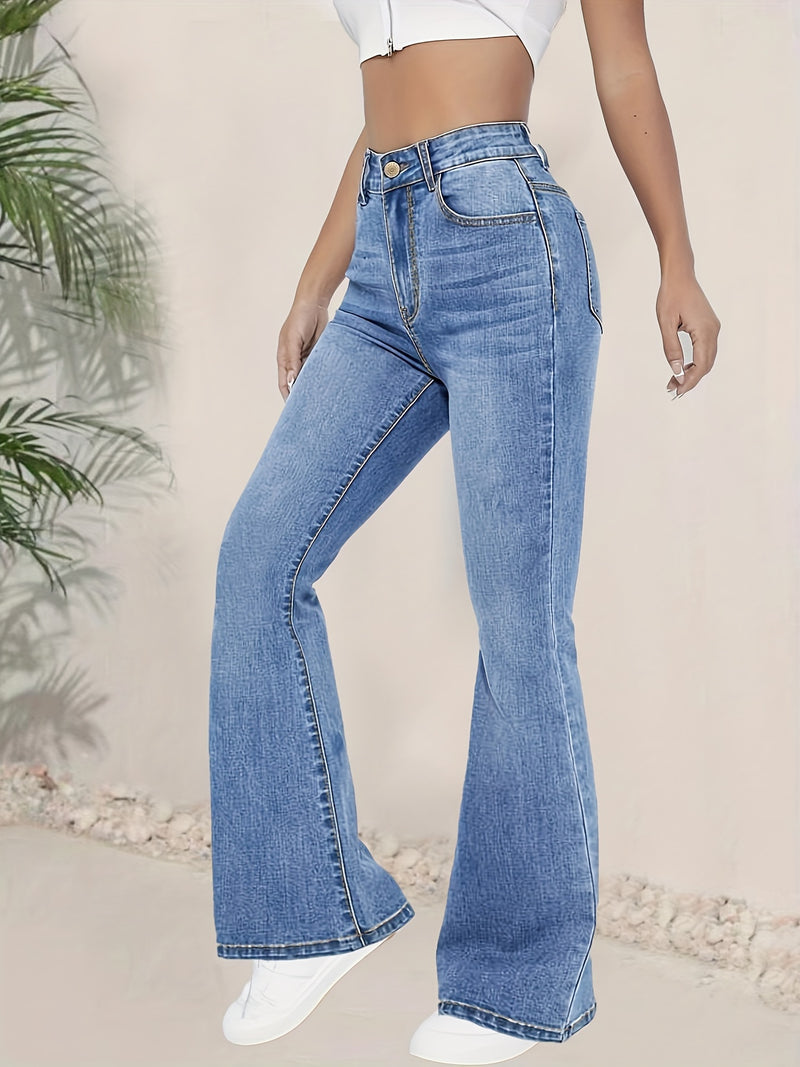 Fashionable And Versatile High-Waisted Stretchy Blue Flared Jeans for Women.