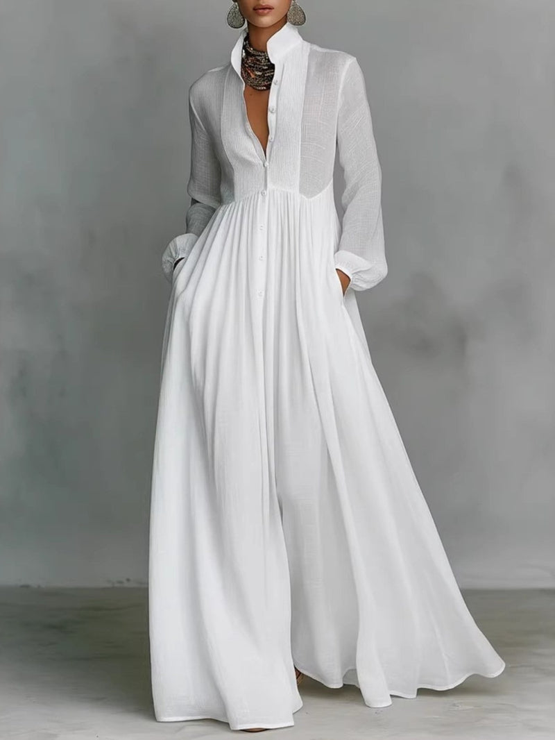 New Style Stylish, Waisted and Long-sleeved Pleated Word Length Vacation Dress for Women.