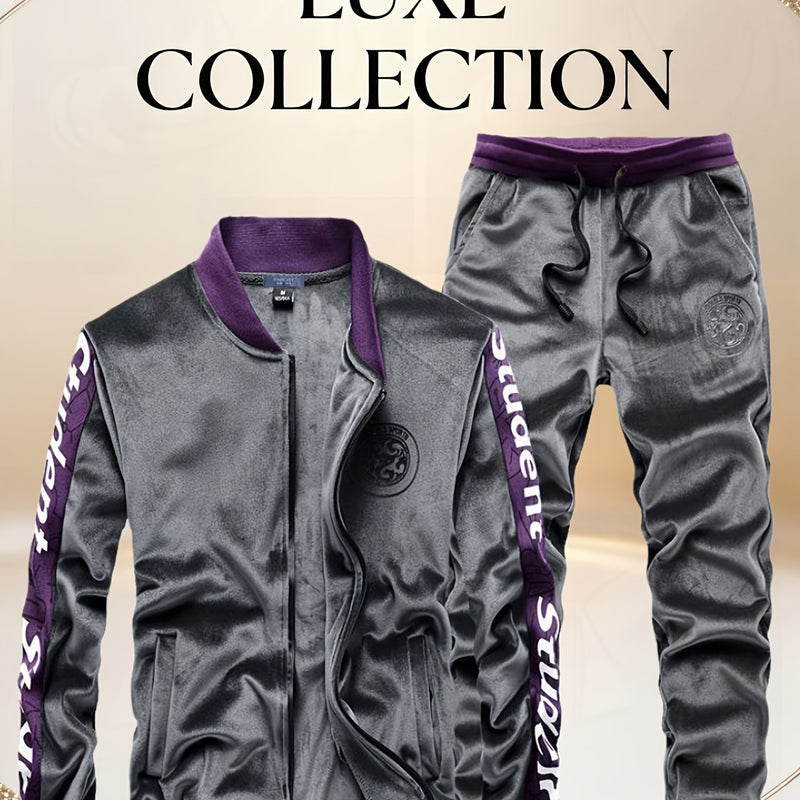 Student Fashion Velvet Sports Suit Men Premium Plush Casual Jacket Pants 2pcs.