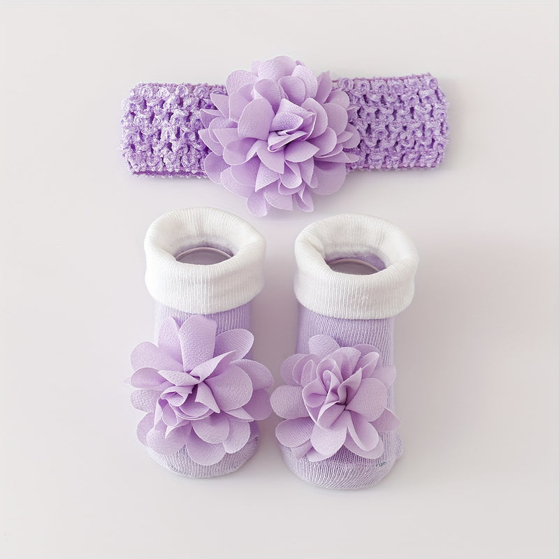 A Set of 1 Pair of Baby Flower Socks Along with a Baby Mesh Headband.