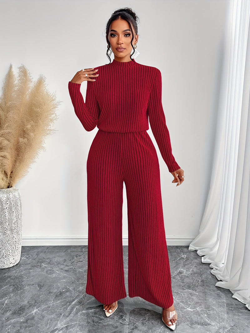 Women's Casual Elegant Long Sleeve Wide Leg Body Suit with Clavicle Collar.