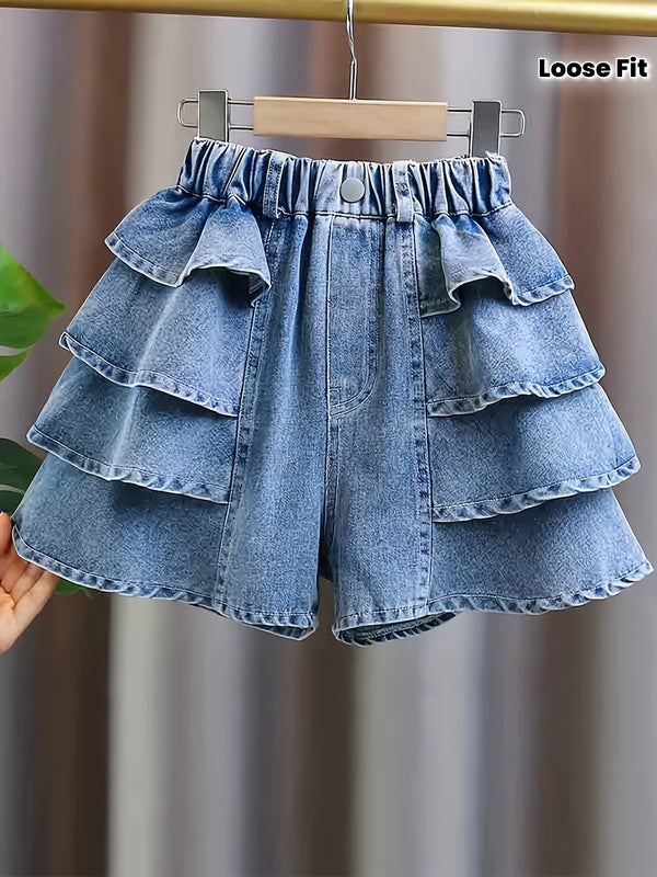 Girls' Summer Fashion Versatile Ruffle-trim Denim Shorts, Comfortable Lightweight.