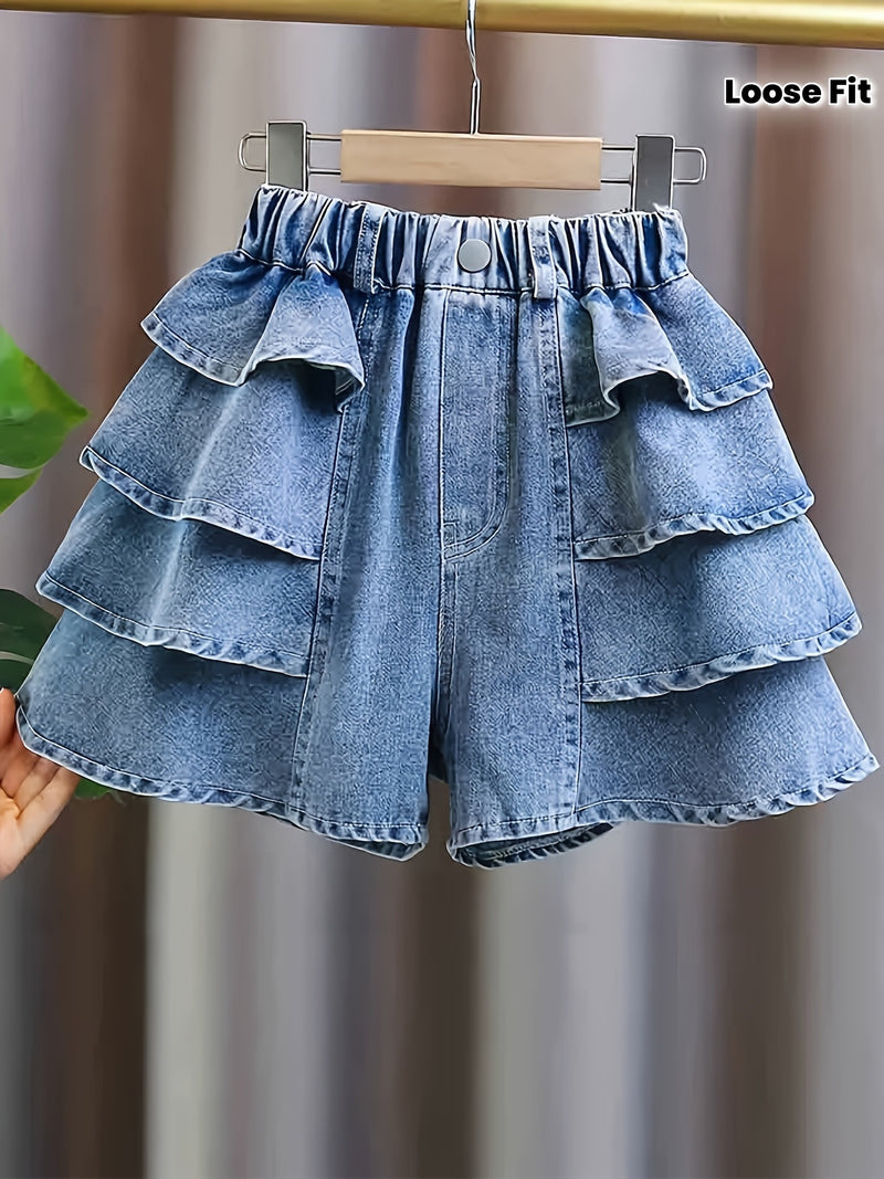 Girls' Summer Fashion Versatile Ruffle-trim Denim Shorts, Comfortable Lightweight.