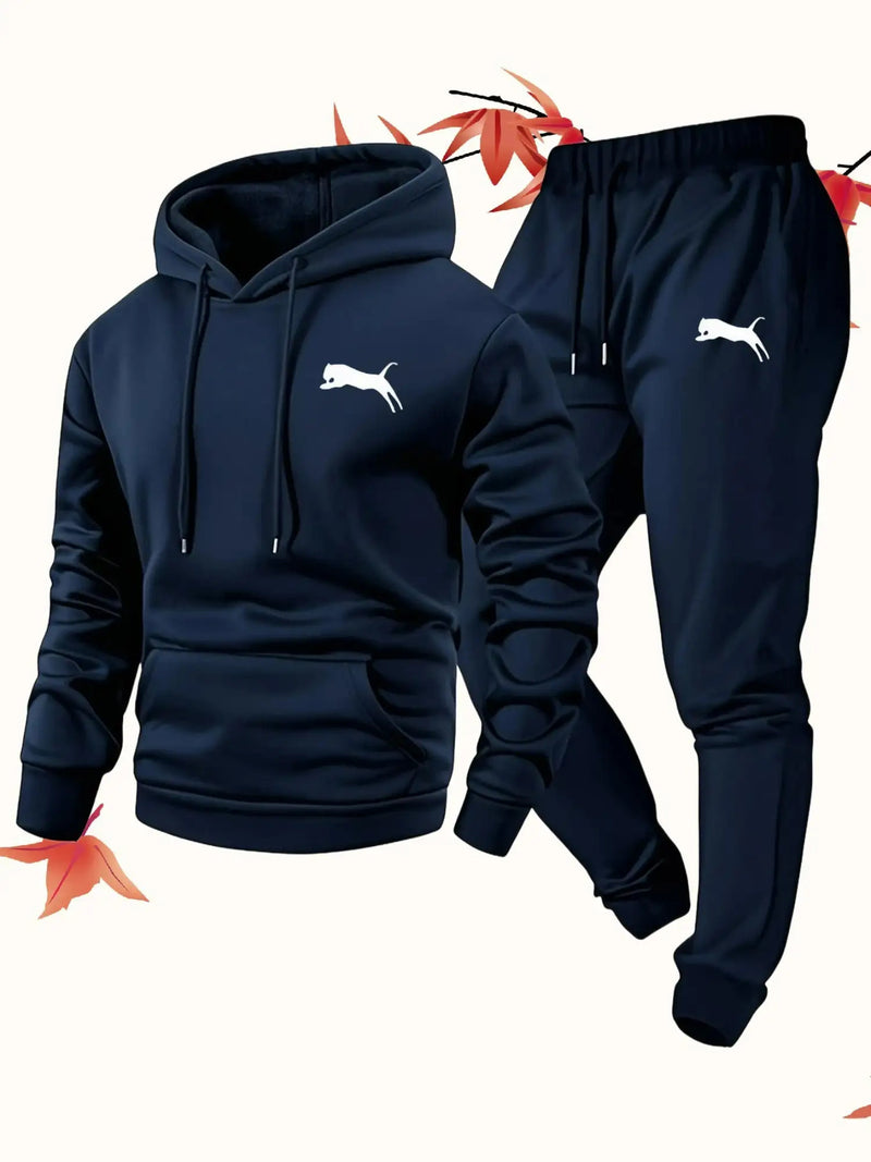 Fashion Versatile Warm 250gsm Hooded Sweatshirt + Pants Two-Piece Set for Men.