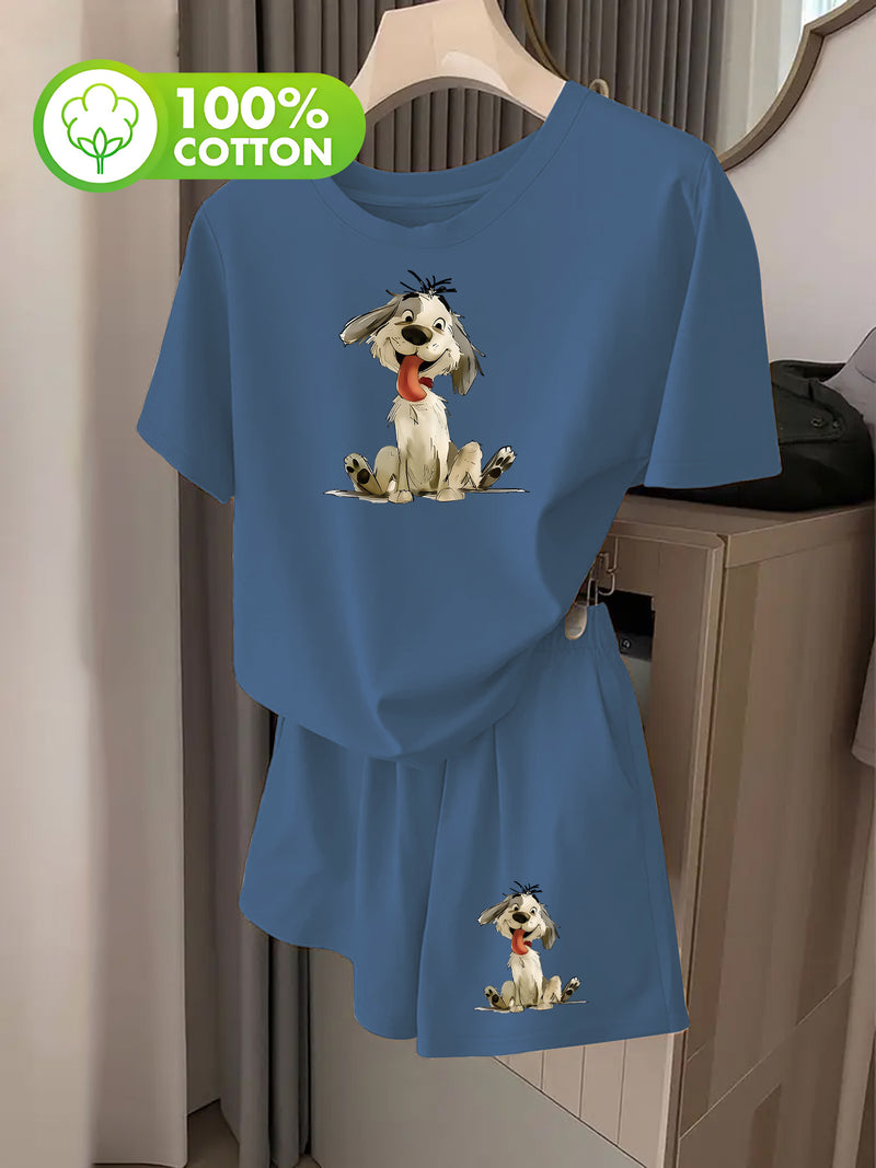 Women's Fashion Cartoon Puppy Print Short Sleeve T-Shirt and Shorts.