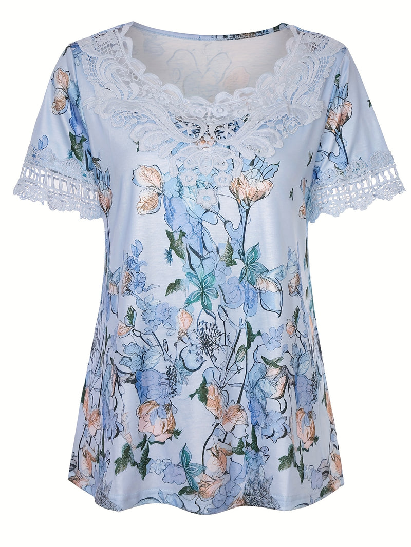 Women's Elegant Floral Print Contrast Lace Trim Round Neck T-Shirt.