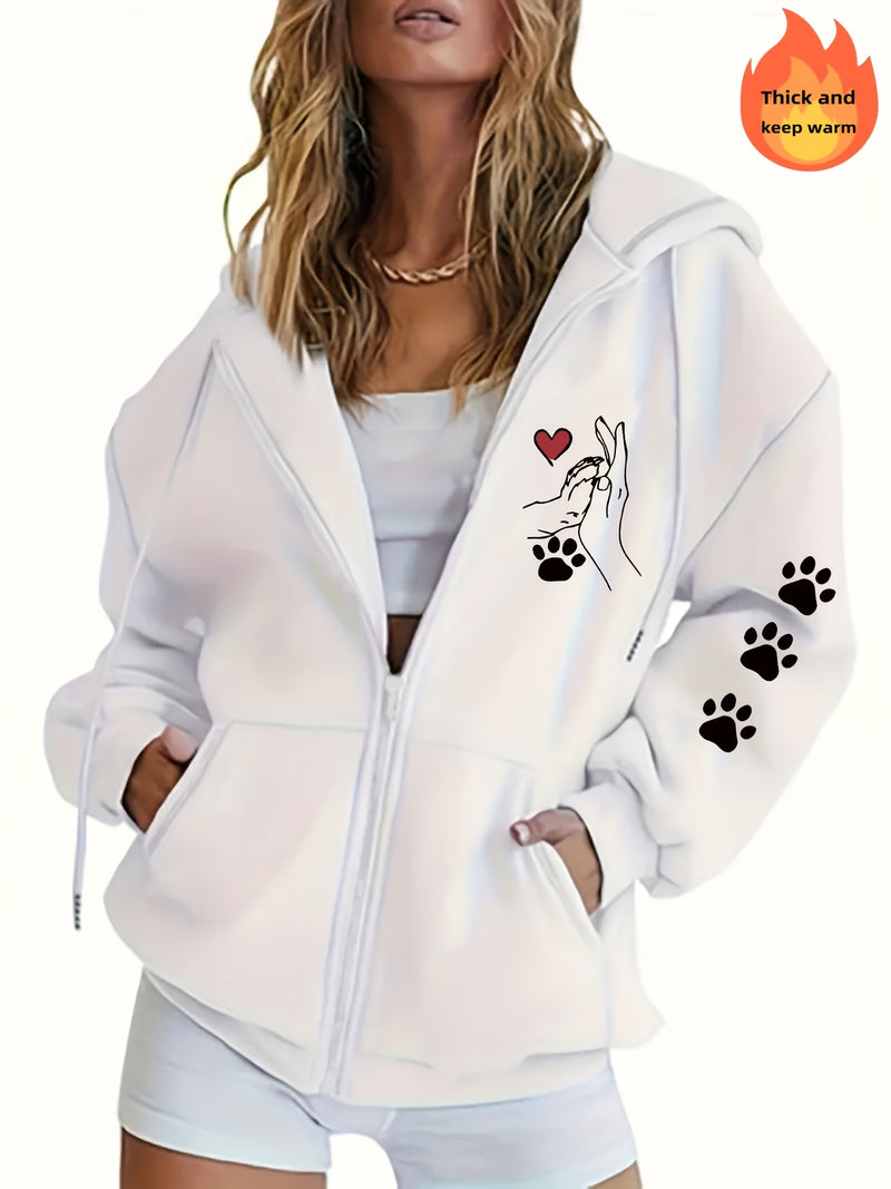 Women's Casual Zip-Up Hoodie with Printed Bear Paw Sleeve Design.