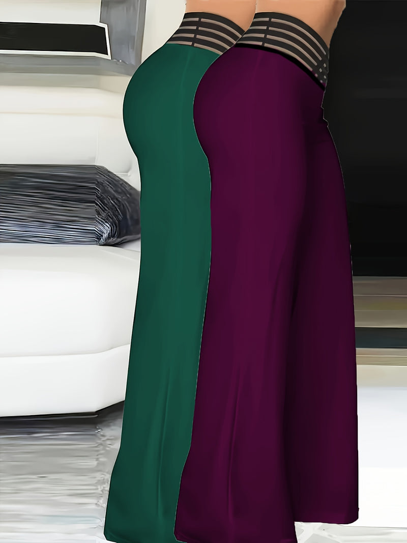 2pcs Women’s Fashion Solid Color Cross Transparent Mesh Patch High-Waisted Pants.