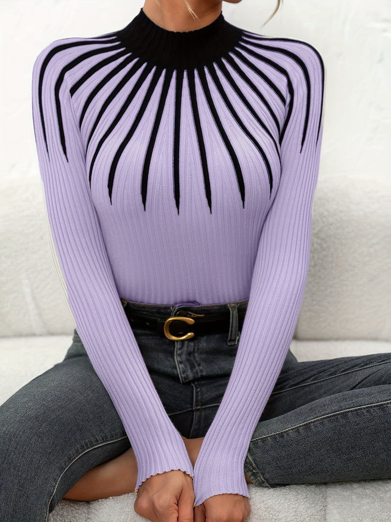 Women's Color Block Ribbed Elegant Long Sleeve Pullover.