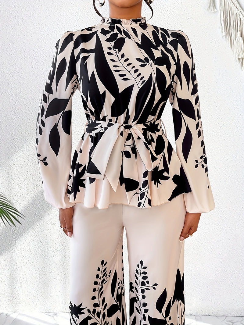 Women's Floral Print Waist Tightening Top and Wide Leg Pants Set Two-Piece.