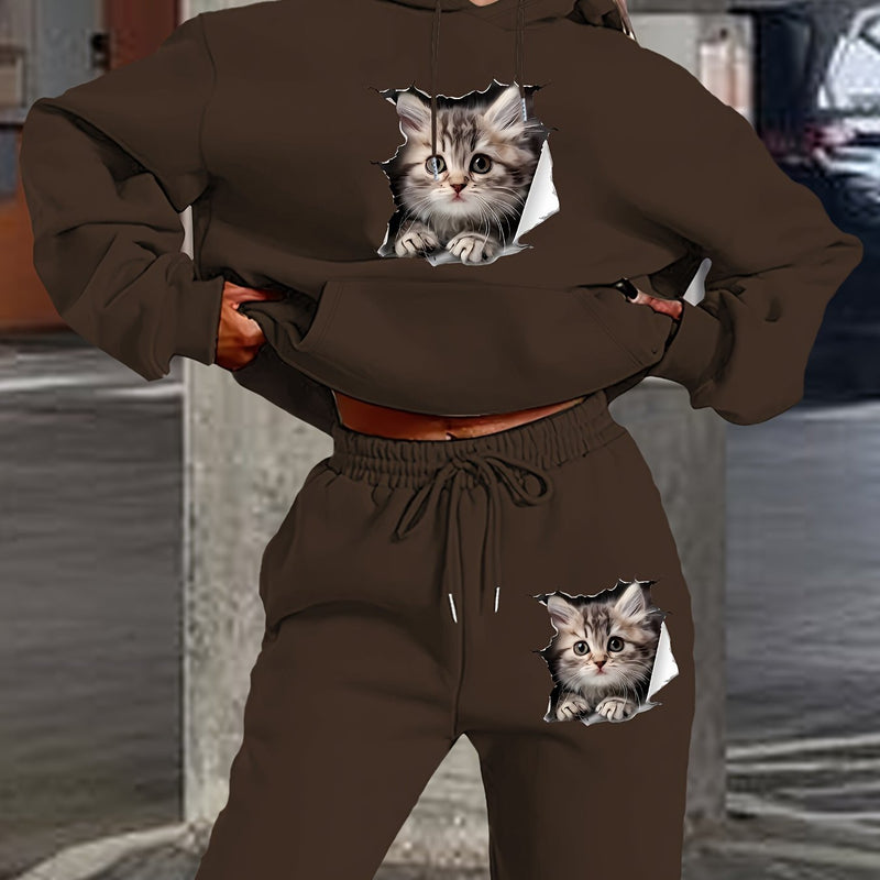 Women's Polyester Hooded Tracksuit with Cat Print.
