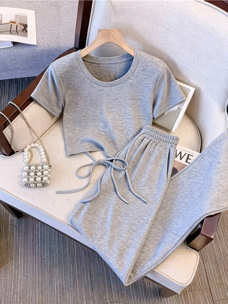 2pcs Women's Gray Short-sleeve Tie-back Crop Top.