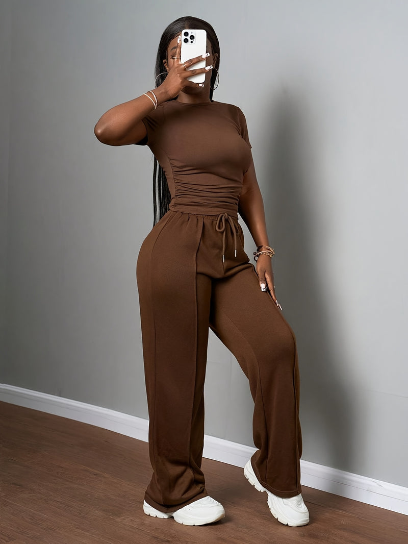 Women's Fashion Slimming Drawstring Wide Leg Pants Set.