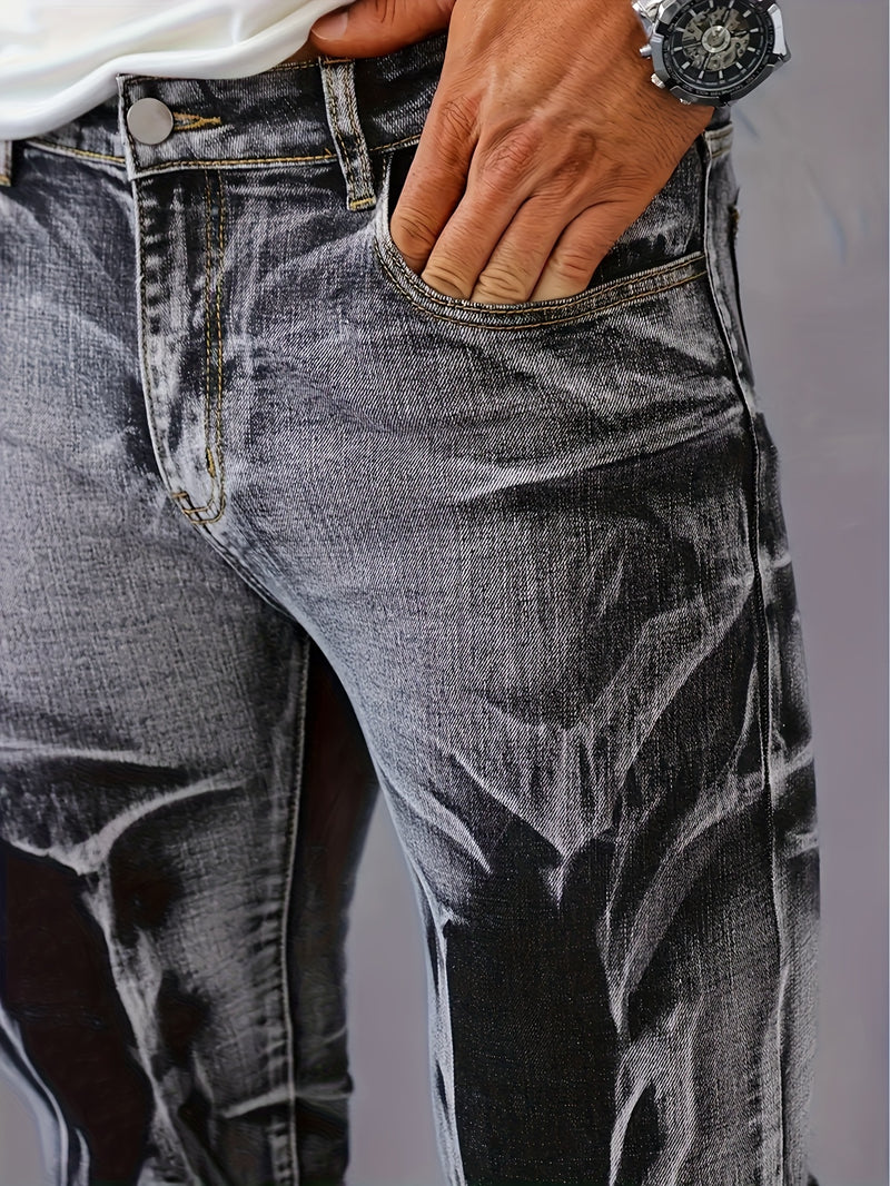 Men's Slim-Fit Stretch Denim Jeans with Irregular Tie-Dye Design.