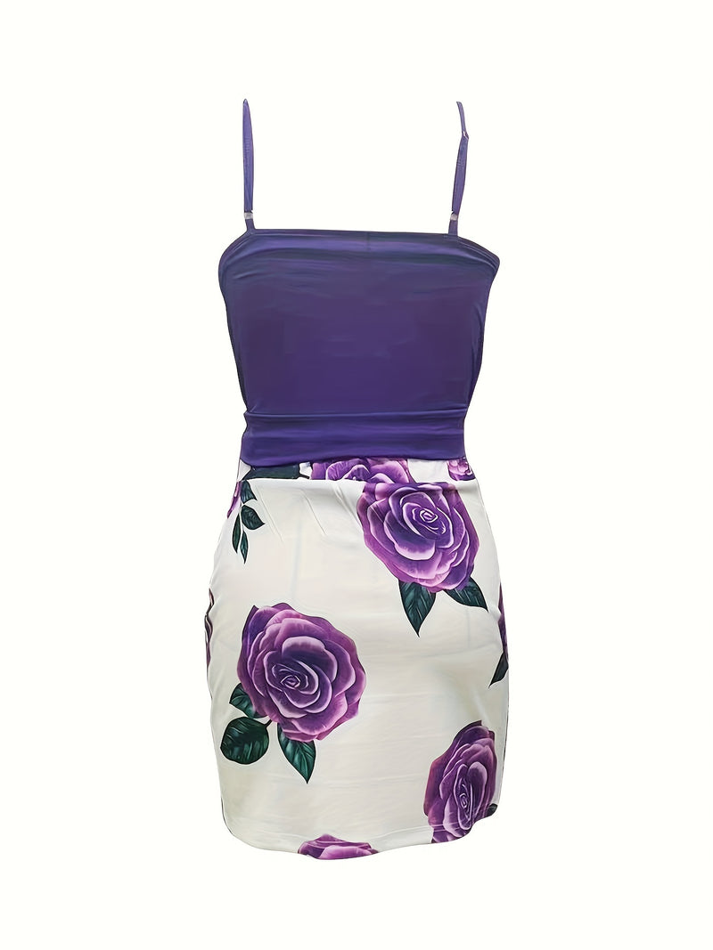 Women’s Two-piece Skirt Set, V Neck Cami Top & Floral Print Skirt Outfits.